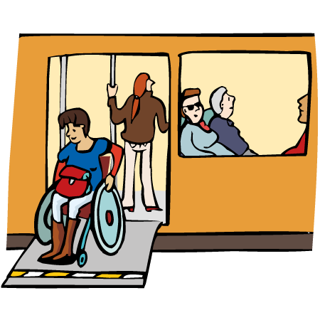 Eine Rollstuhlfahrerin verlässt über eine Rampe eine Straßenbahn.